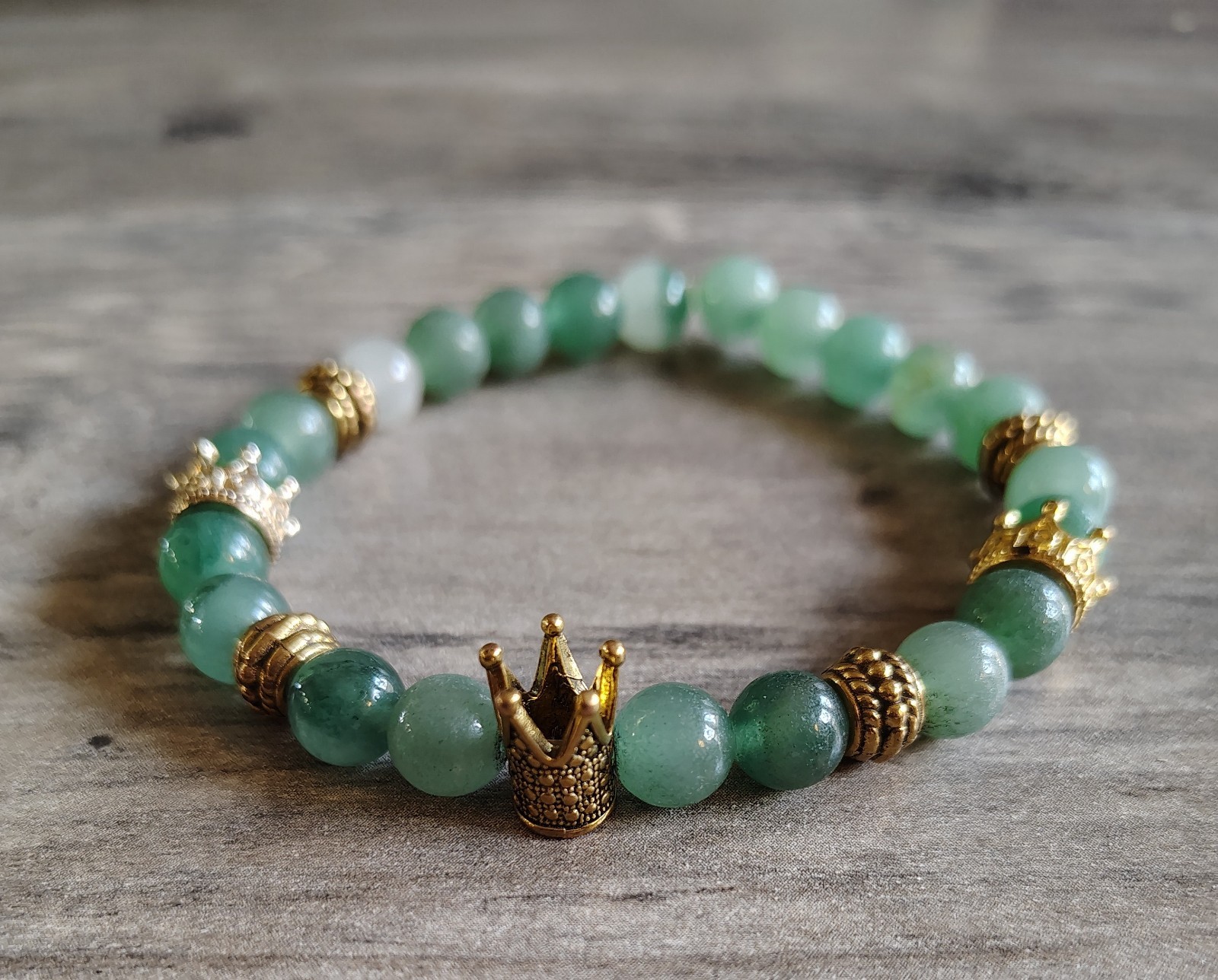 Energy Stone Bracelet Green Adventurine Gold Tone Crowns Casual Everyday Gift