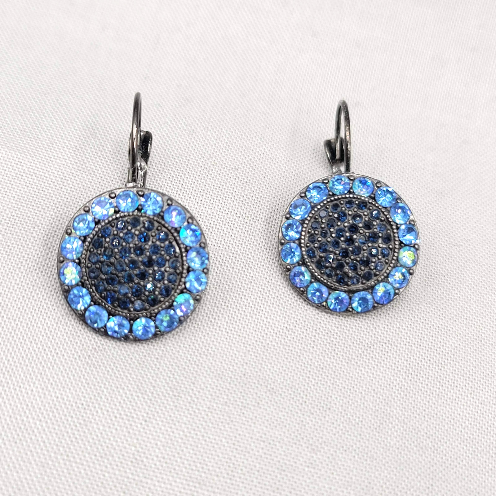 Blue Rhinestone Round Pierced Earrings Gun Metal Black Drop Leverback 3/4″