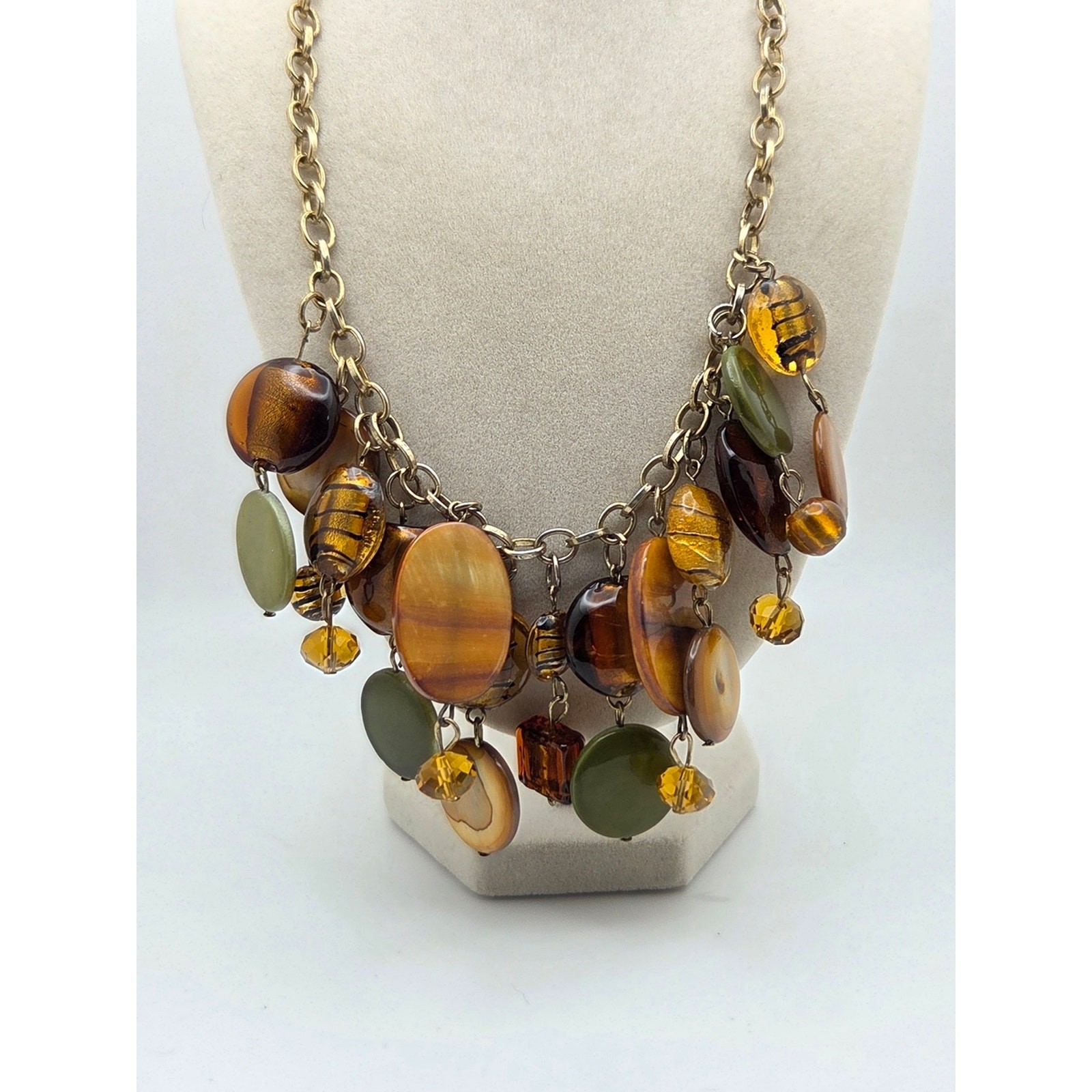 Boho Mixed Media Statement Necklace – Earth Tones & Gold Leaf Glass