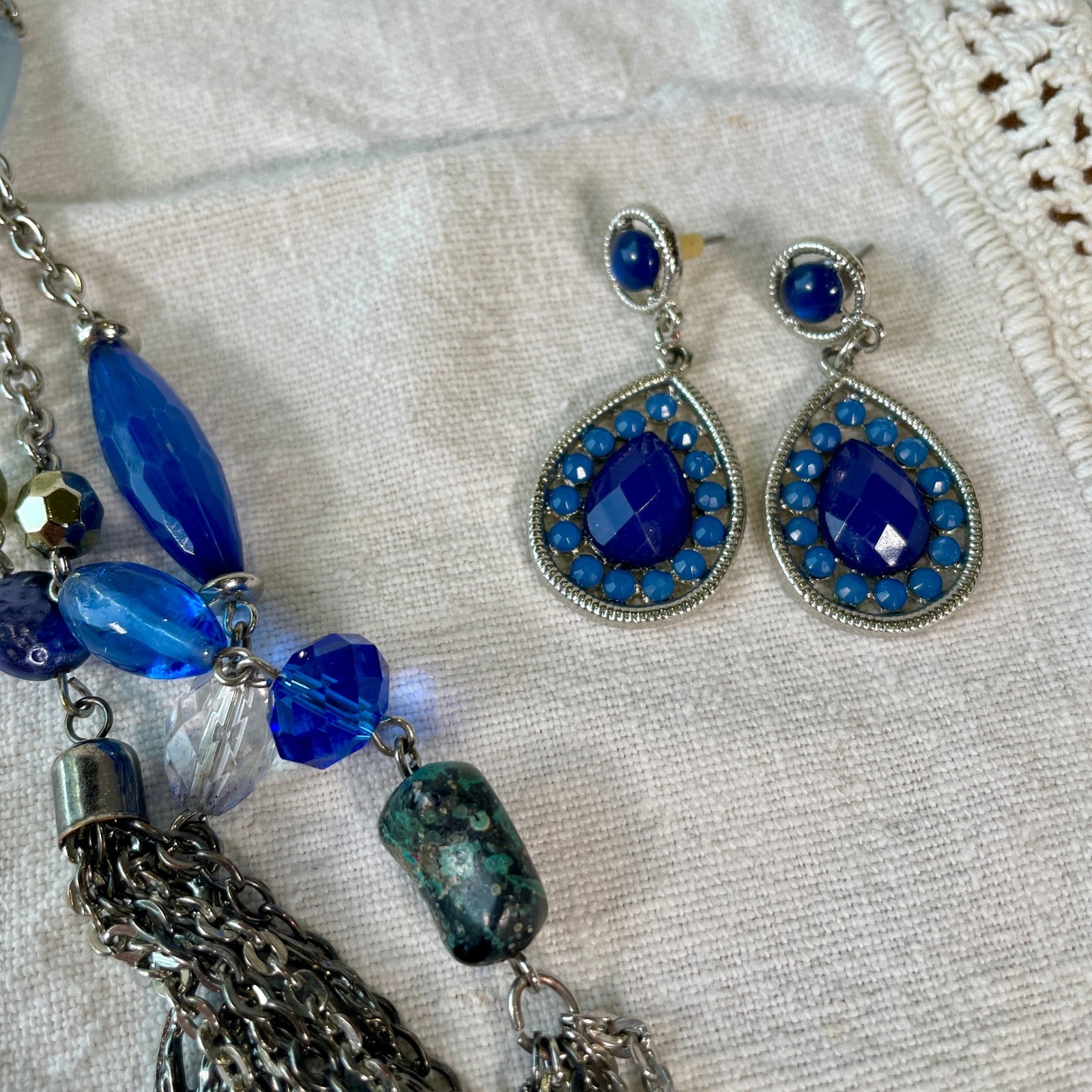 Lane Bryant Blue Bead Silver Tone Necklace Earrings Bracelet Jewelry Set Boho