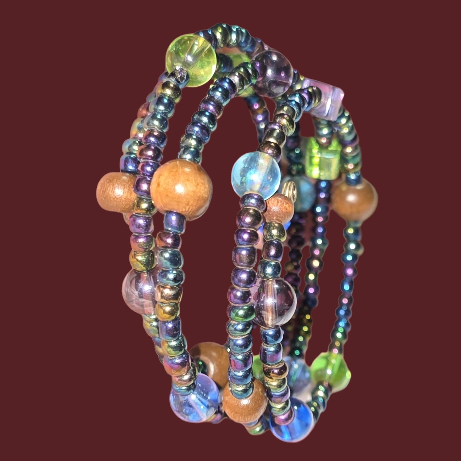 2 Memory Wire Green & Multi Color Peacock Beads Layered Bracelet Fits All Wrists