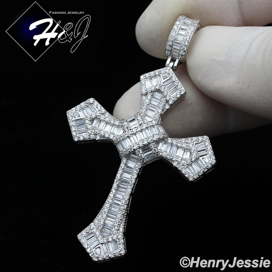 MEN SOLID 925 STERLING SILVER ICY BLING BAGUETTE CZ SILVER CROSS PENDANT*SP313