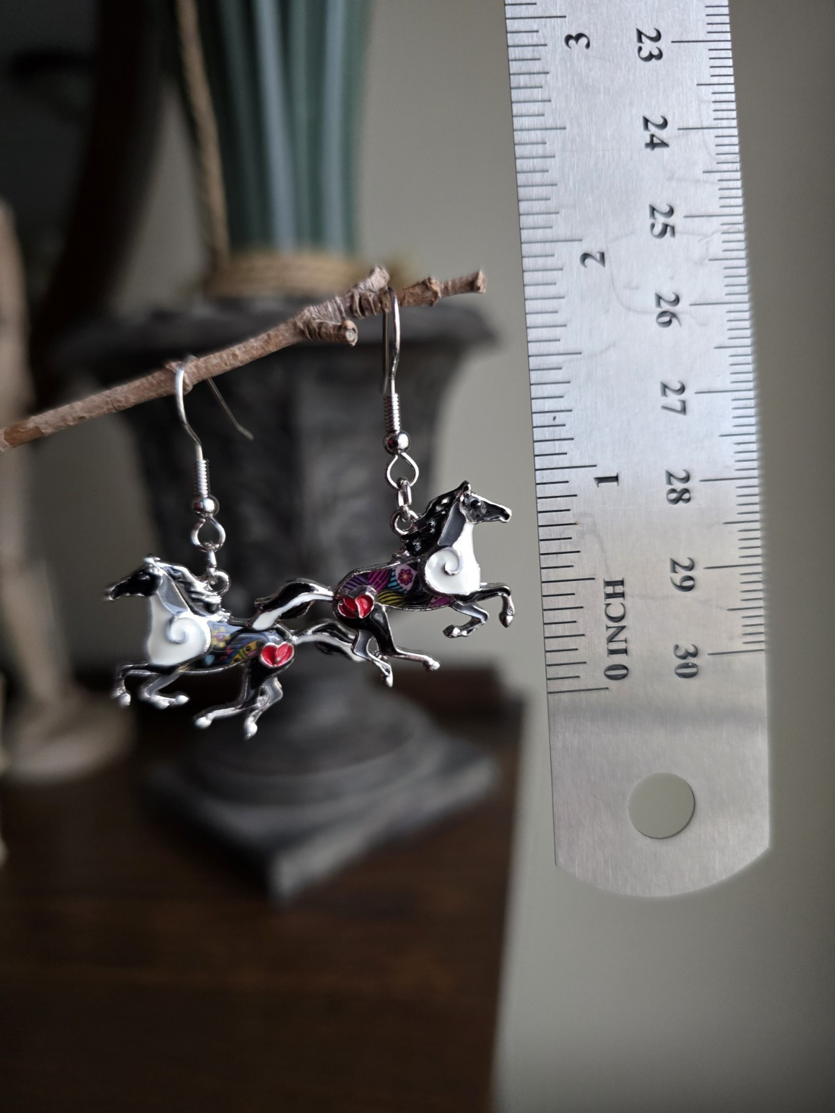 Horse Earrings Dangle Black, white, gray silver-tone. Equestrian gift, Western