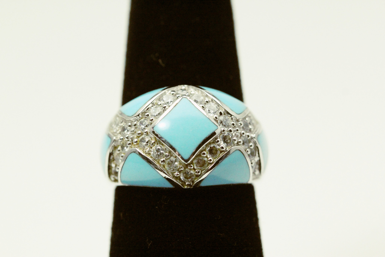 925 Sterling Silver Size 6.75 Blue Enameled Ring W/CZ Accents 9.4 Grams(RIN8620)