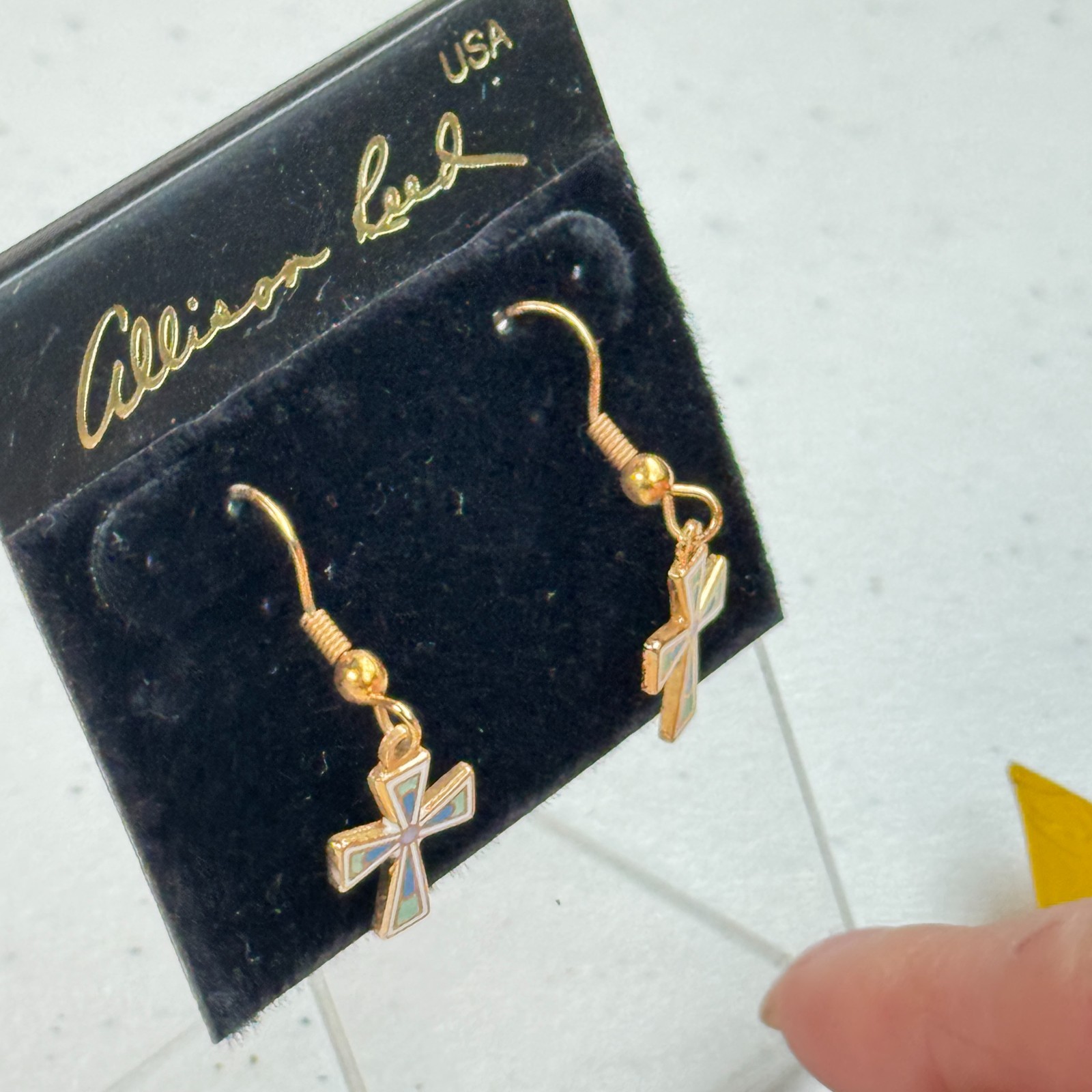 Vintage Allison Reed Earring Small Cross Blue Gold Tone Religious 90s 80s USA