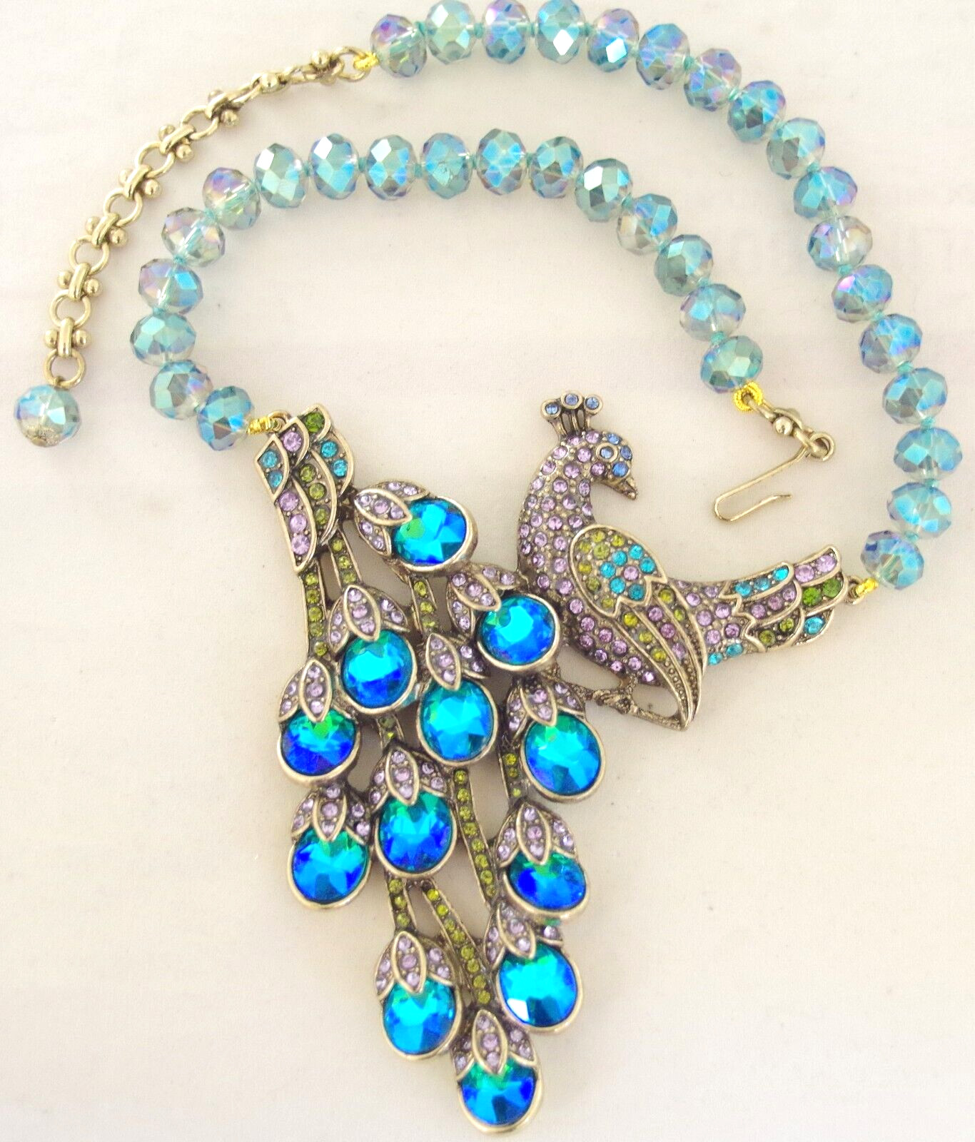 NWOT DESIGNER STYLE PEACOCK RHINESTONE PEACOCK BIRD AB CRYSTAL BEAD NECKLACE