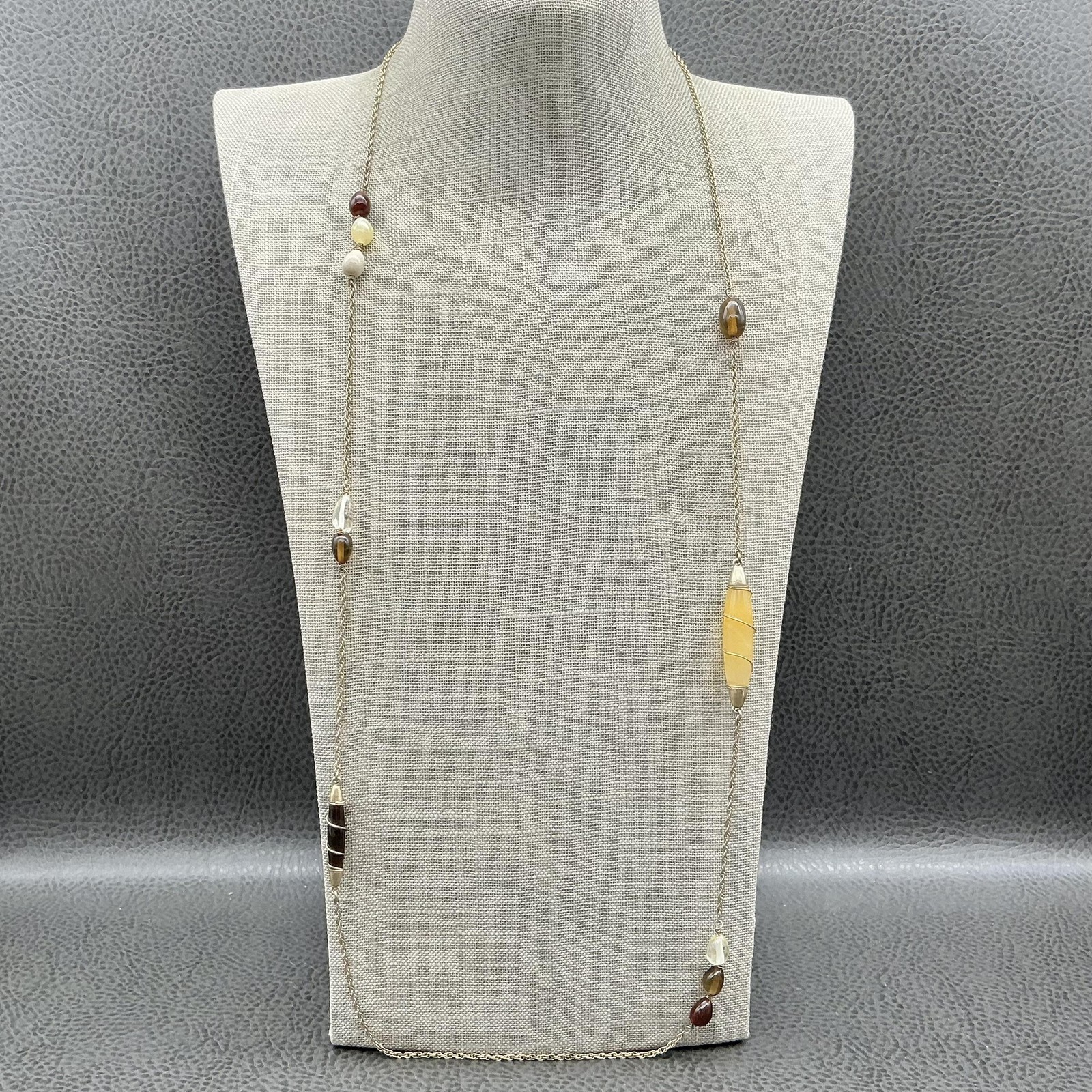 Kenneth Cole Necklace Gold Tone Multicolor Stone Beaded Station Long Chain 28″