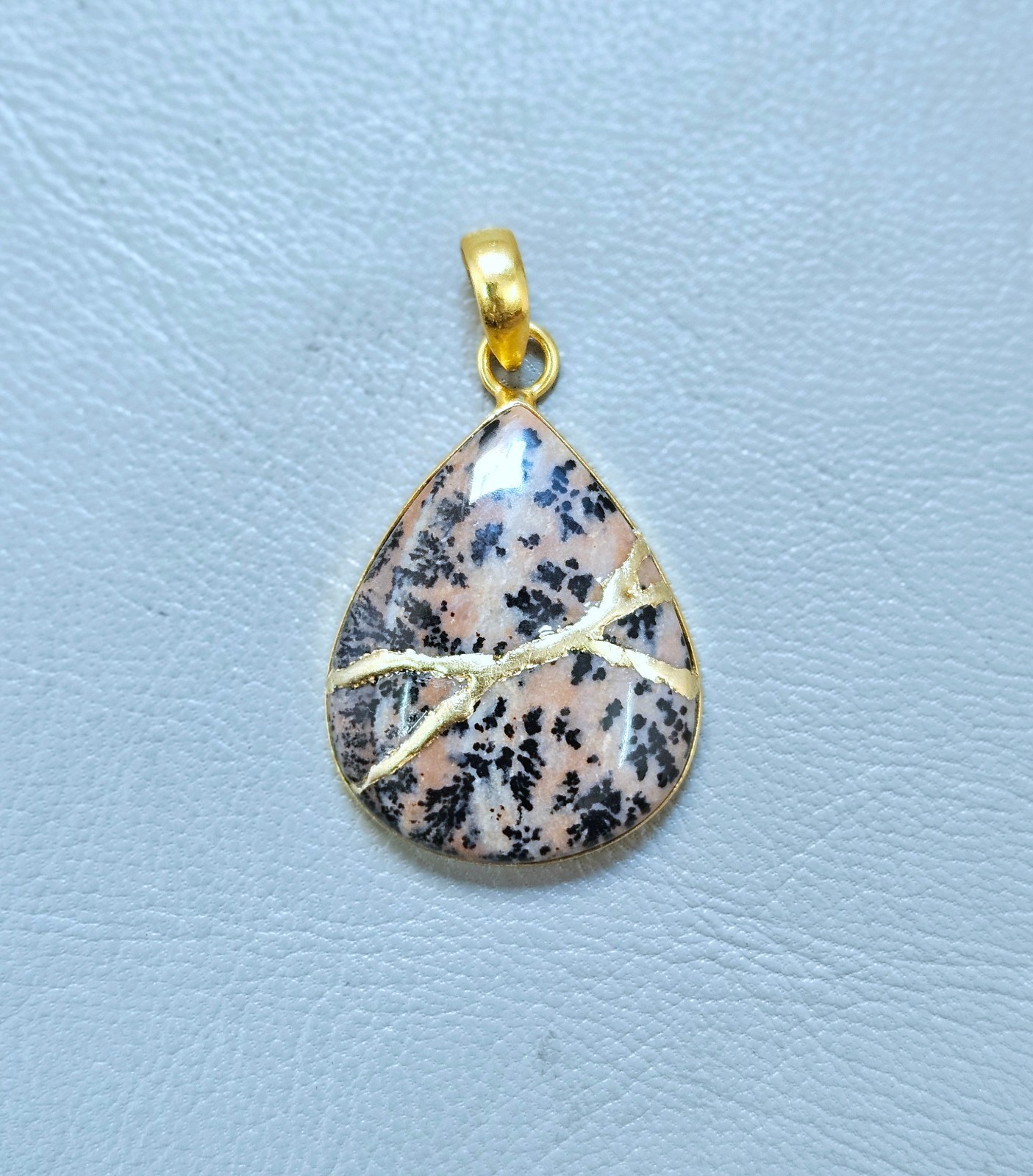 Necklace Dendritic Agate Pendant Kintsugi Art Brass Gold Plated Jewelry Gift