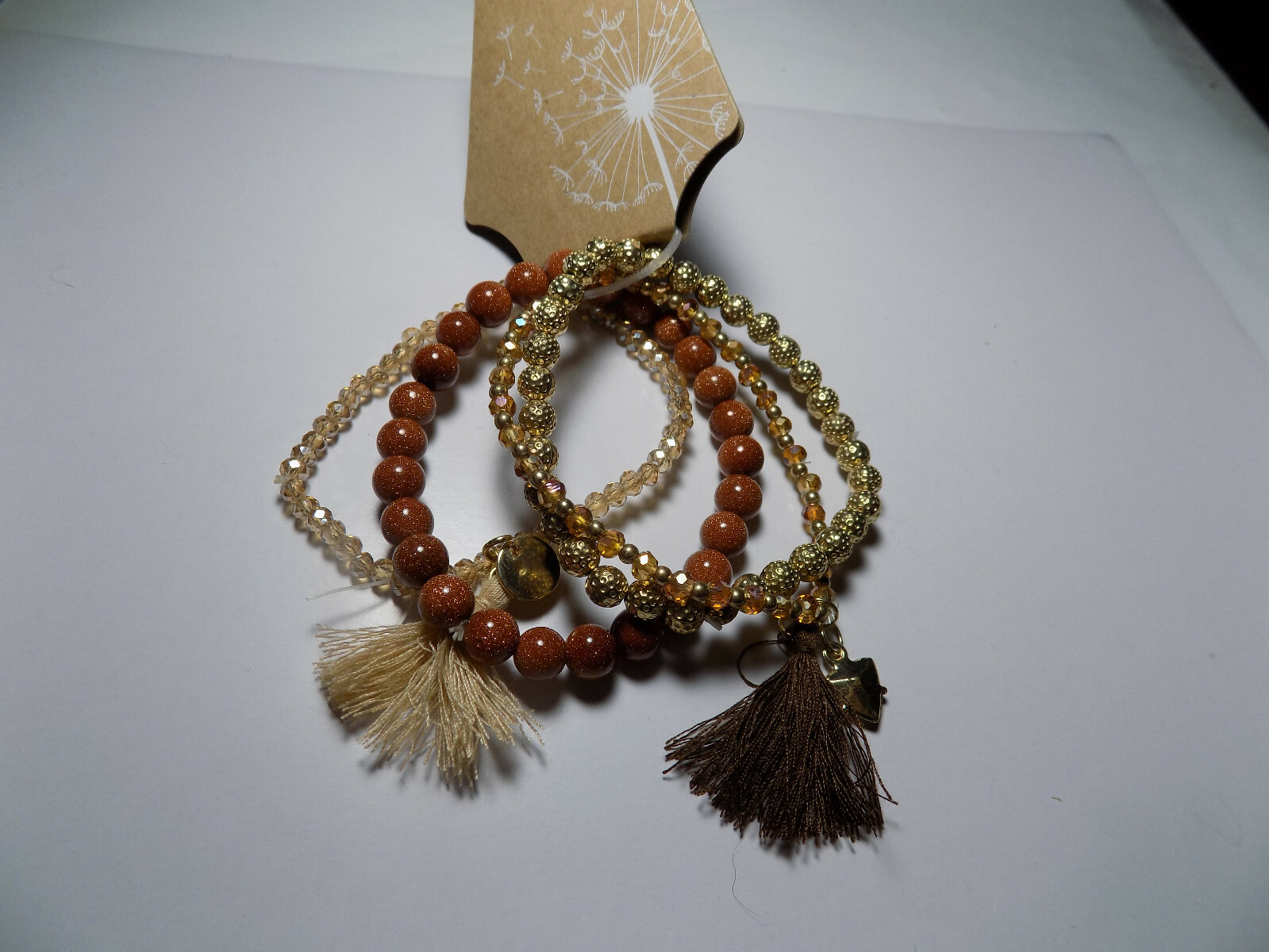 NEW Brown, tan & Gold Tone Set Of 4 Stretch Bracelets 2 with tassels NWT (154)