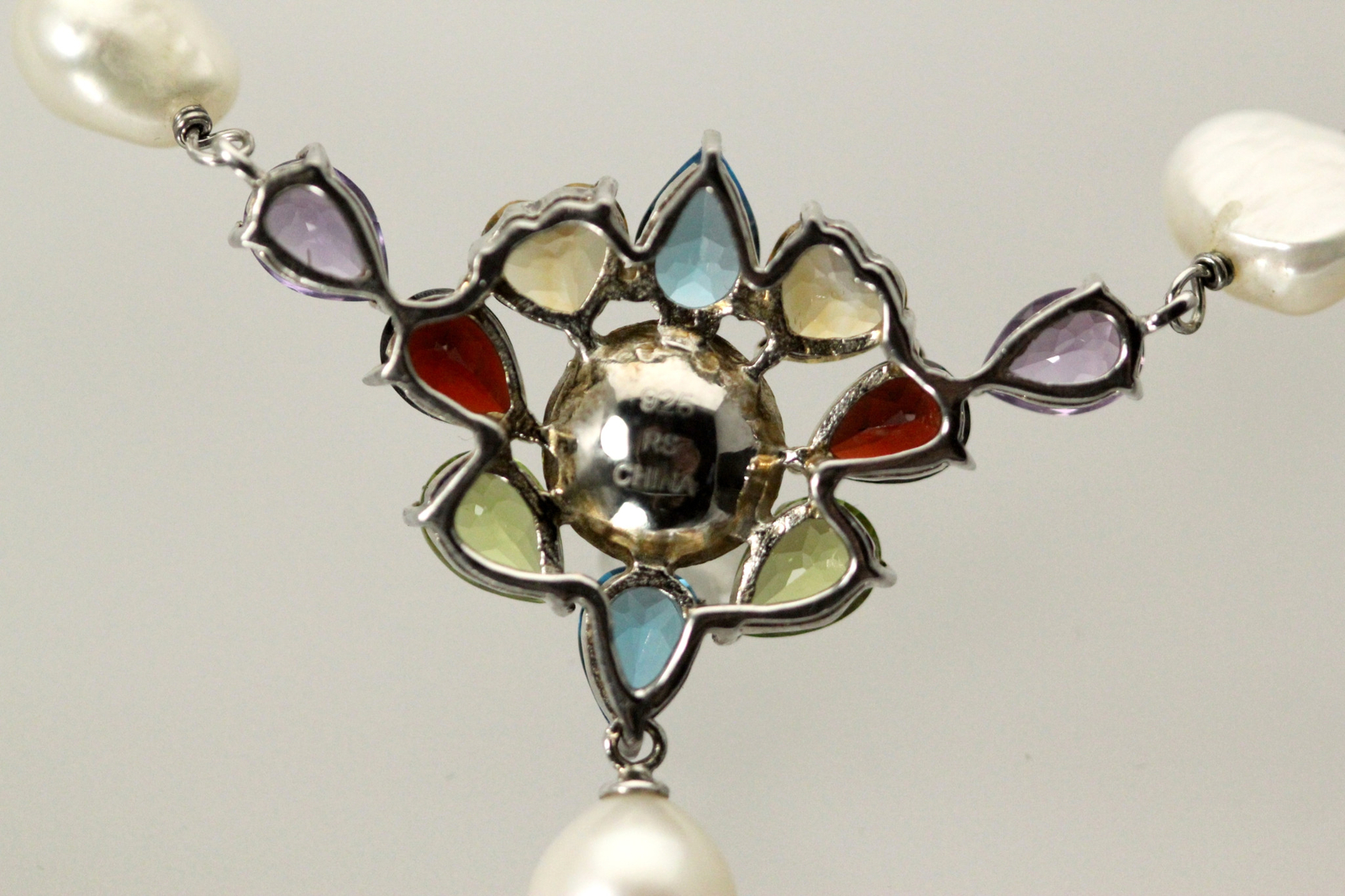925 Sterling Silver Multi Colored Stones & Pearls 20″ Necklace 17 Grams NEC5402
