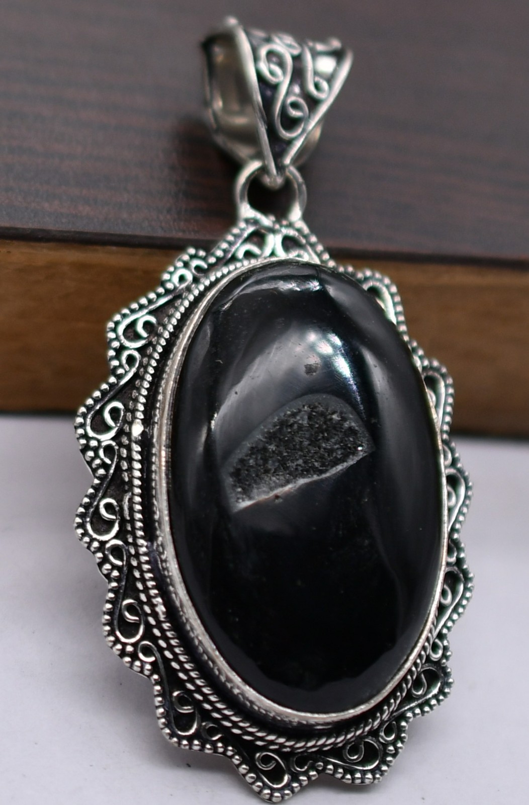 Black Onyx Natural Gemstone Antique Silver Plated Pendant 2.5″ J 1348