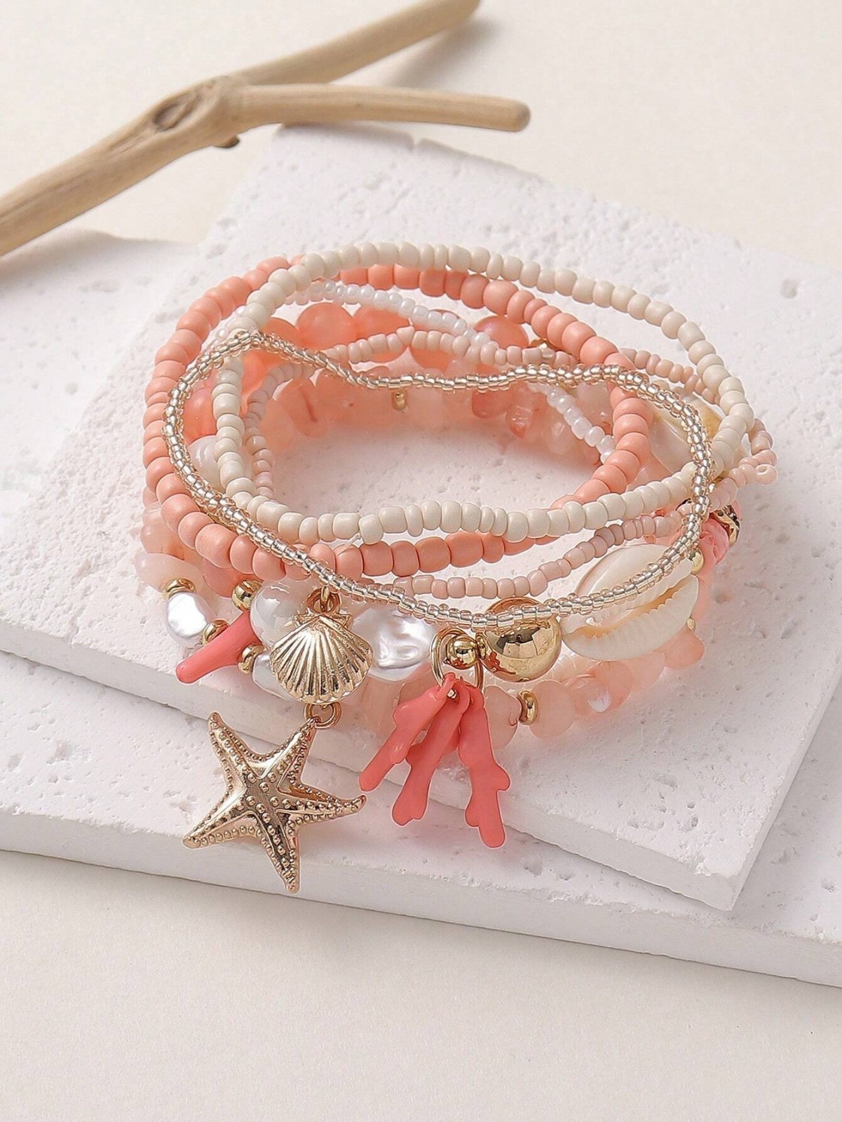 7Pcs Boho Beaded Bracelet Set Beach Shell Starfish Stretch Jewelry for Women