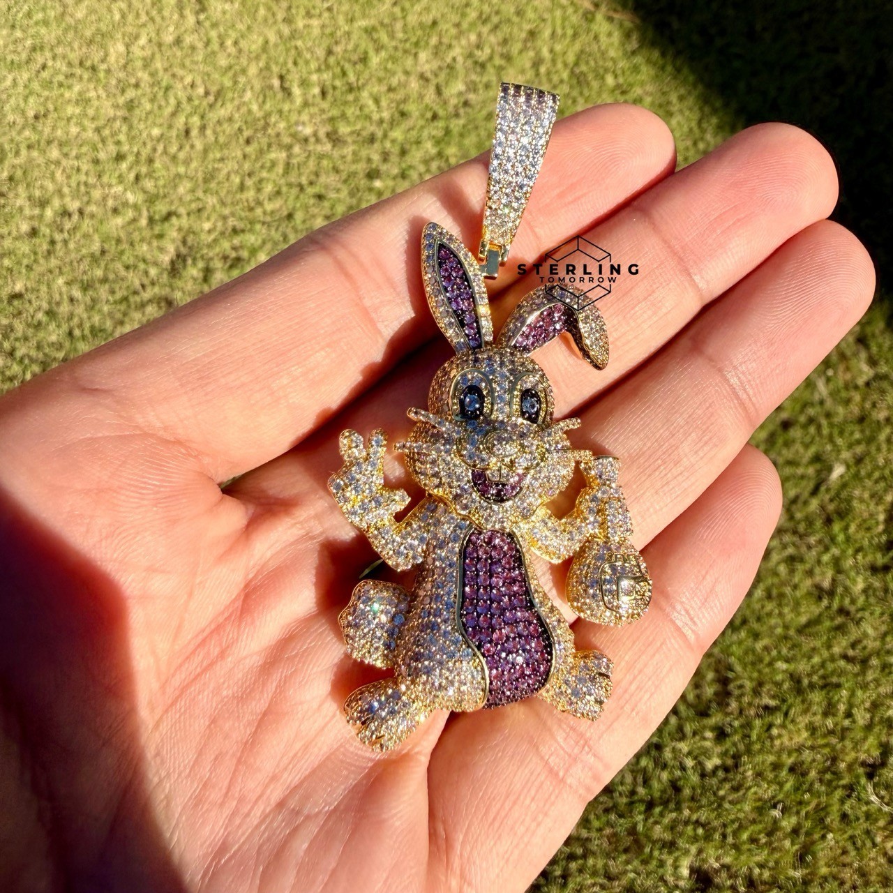 Iced Out Easter Bunny Pendant Purple CZ Gold Hip Hop Rabbit w/ Rope Chain