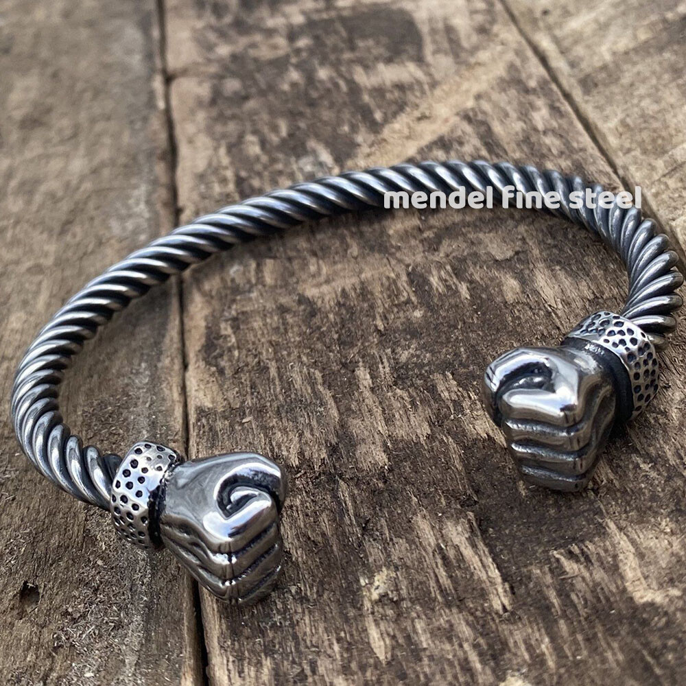 MENDEL 8 Inch Mens Stainless Steel Viking Hand Fist Cuff Bangle Bracelet For Men