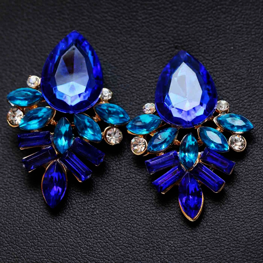 Royal Blue Austrian Crystal & Rhinestone Trendy Drop Earrings Gold Tone Finish
