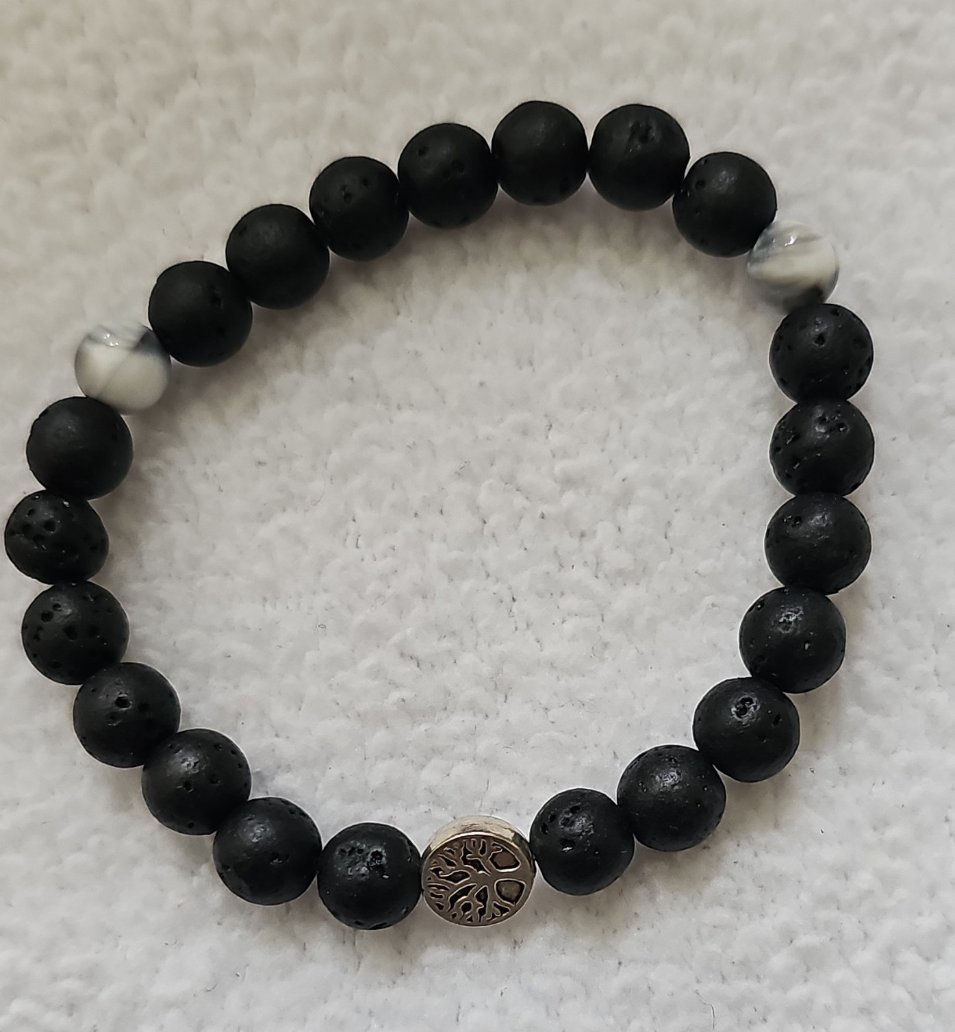 Black & White Round Stone Beaded Stretch Bracelet, Silver-Tone Charm