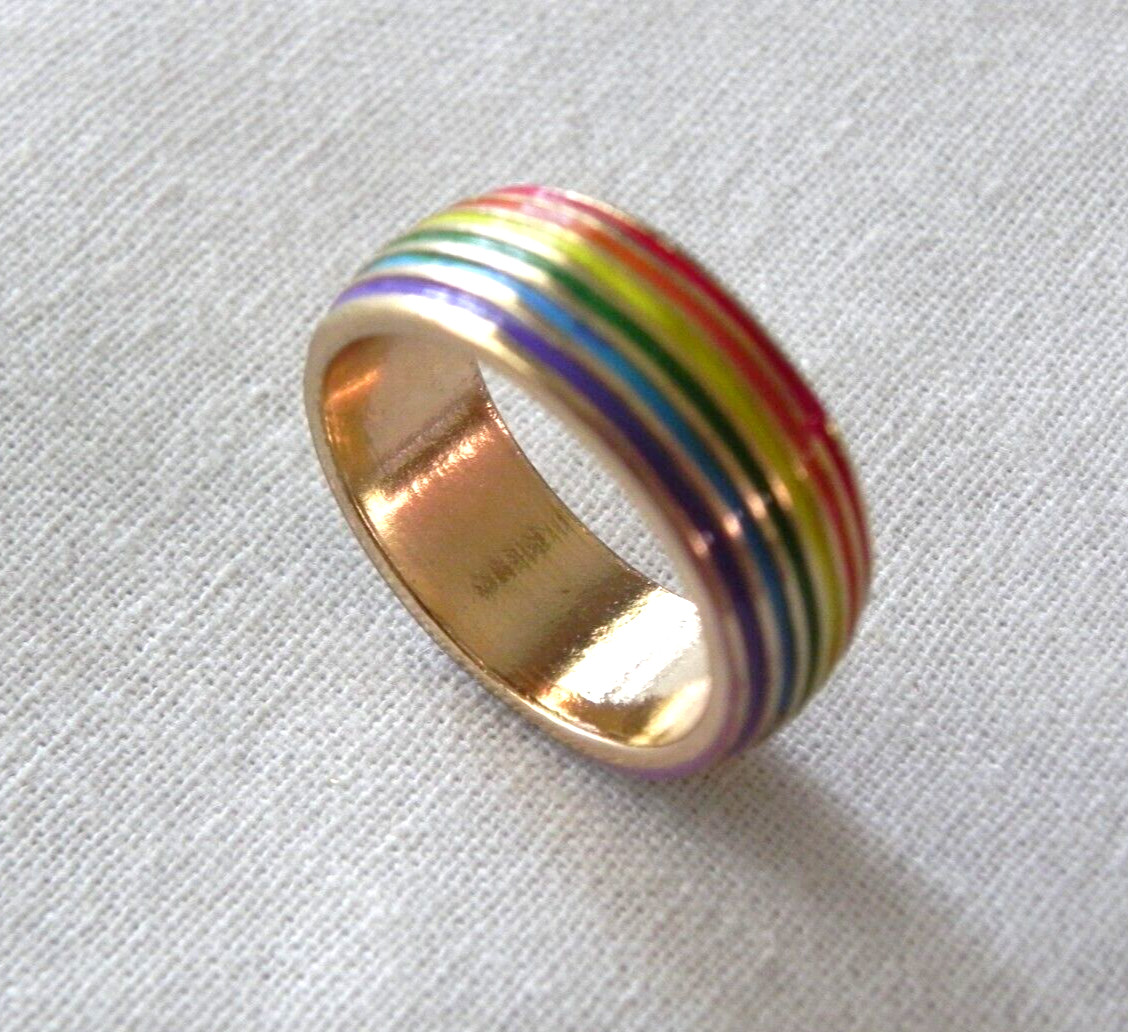 Rainbow Stripe Enamel Ring Women Size 7 Gold tone Stainless Retro Style