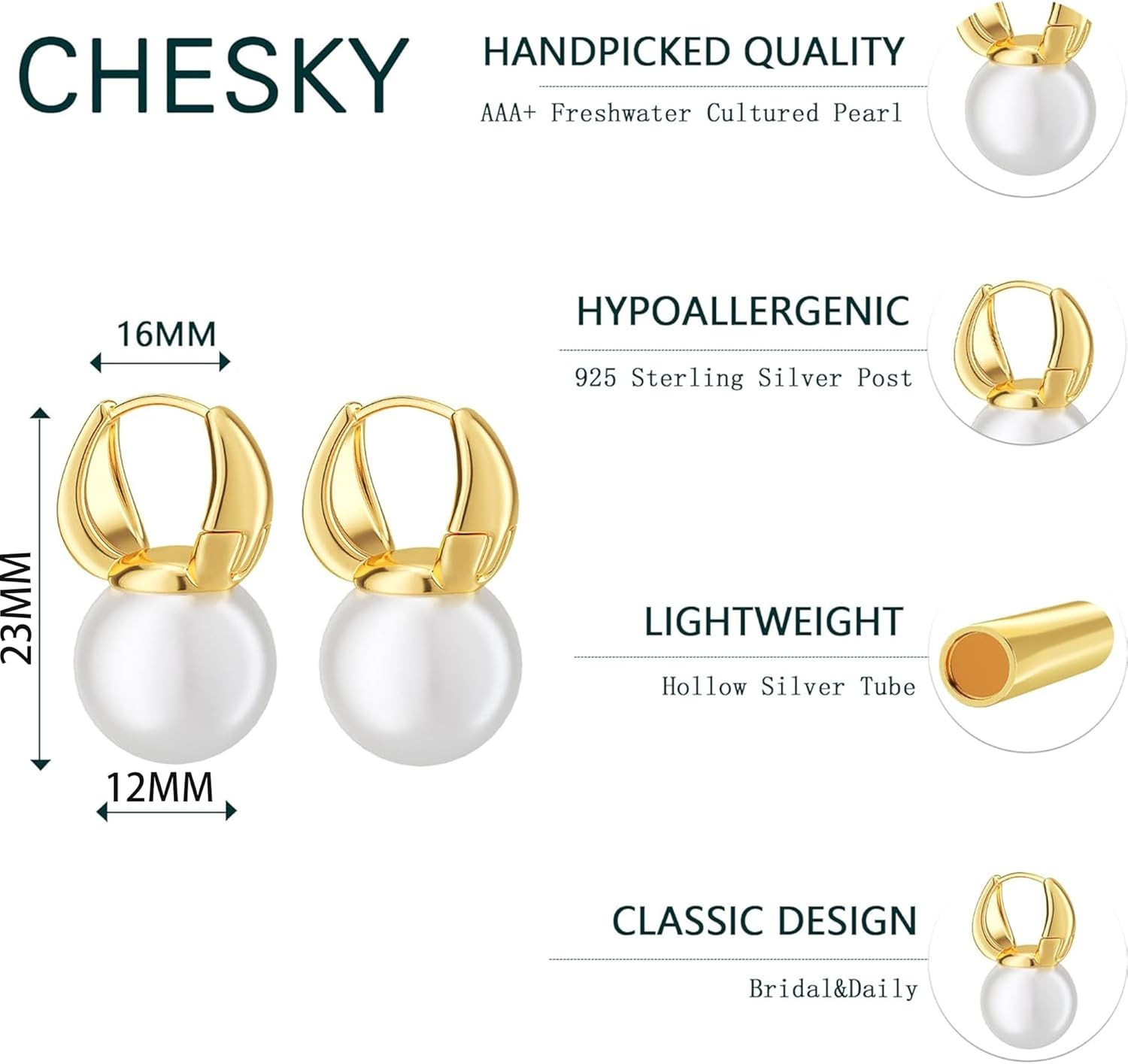 Pearl Earrings for Women, Dainty 14K Gold Plated/Silver Plated Drop Quality Hand