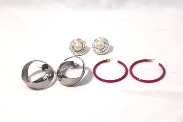 Hoops and Pearl Silvertone Studs Pierced Earrings Lot Of 3