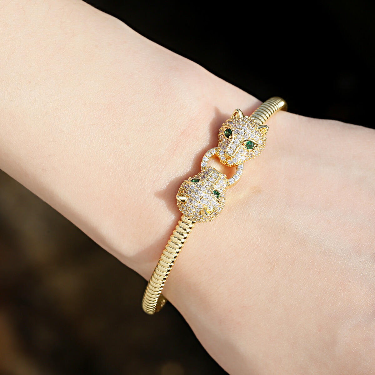 Luxury Adjustable Zircon Leopard Head Butterfly Opening Bracelets Women Jewelry