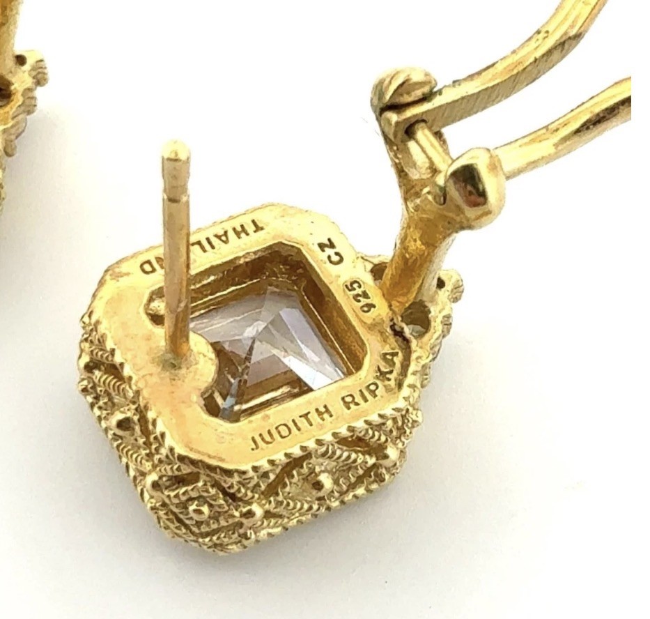 Judith Ripka Gold Vermeil 925 Sterling Silver Square CZ Omega Back Earrings 6.5g