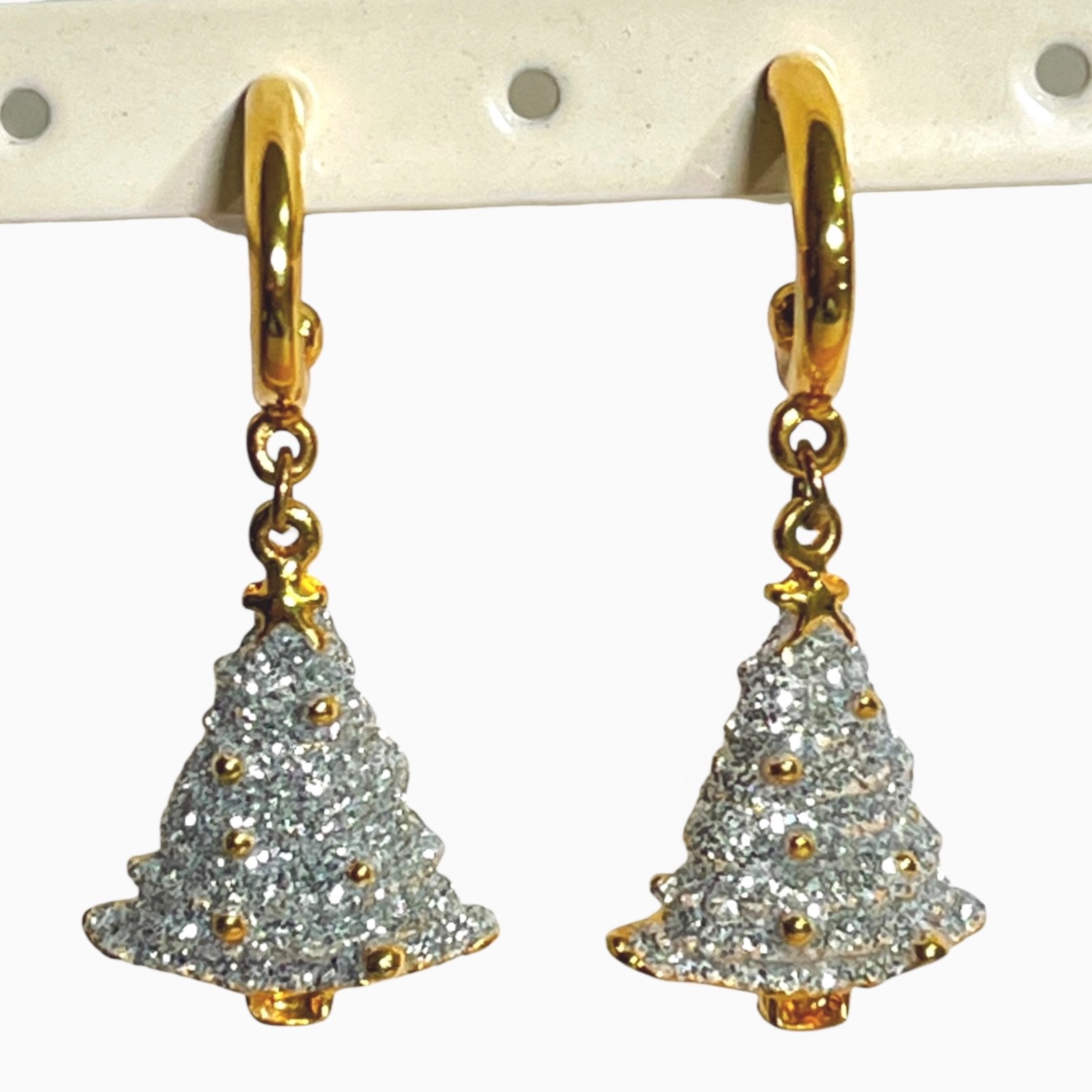 Christmas Tree Dangle Earrings Gold Tone Hoops Silver Tone Glitter Festive Party
