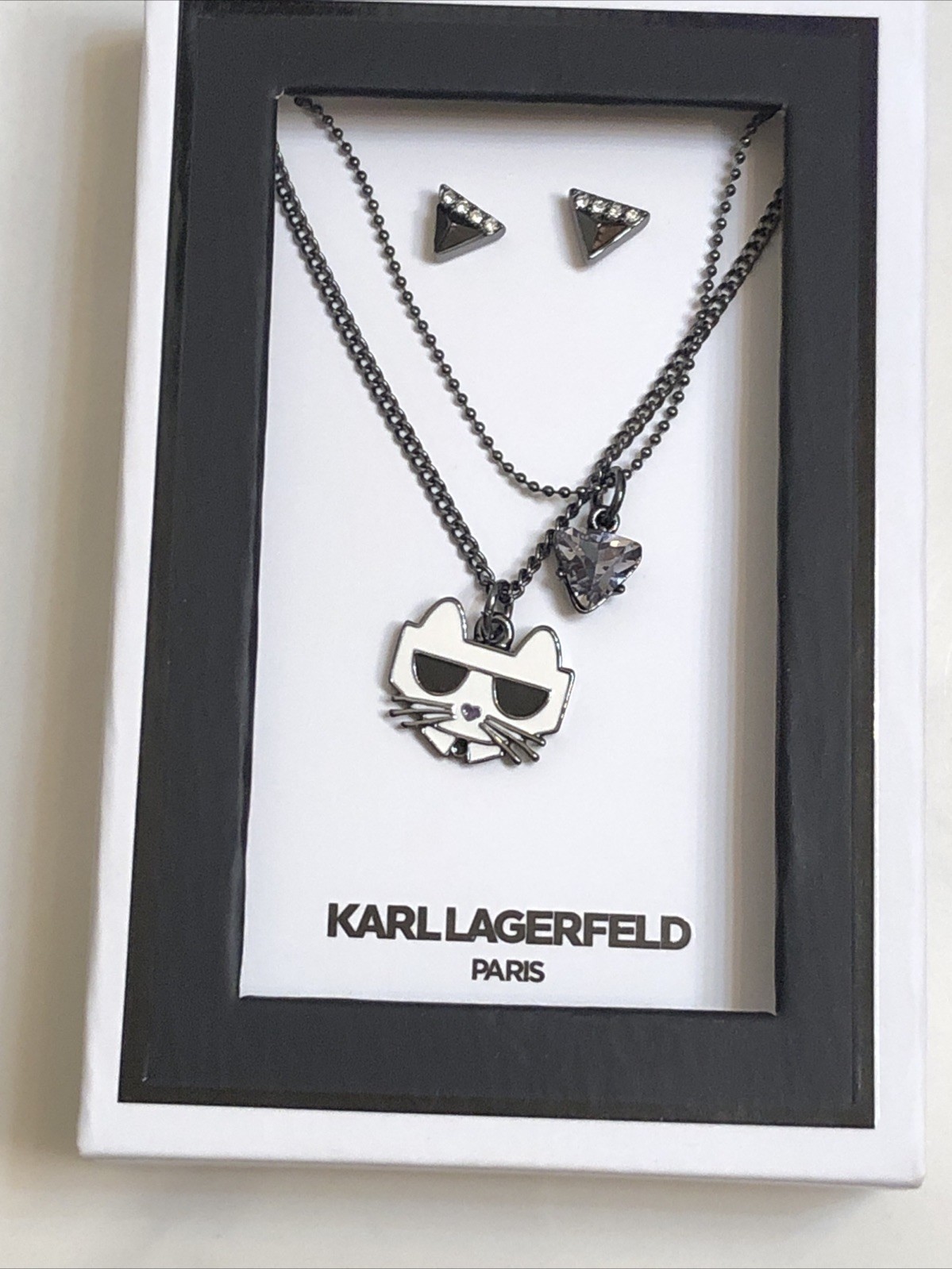Karl Lagerfeld Paris Choupette Layered Pendant Necklace & Stud Earring Set NIB