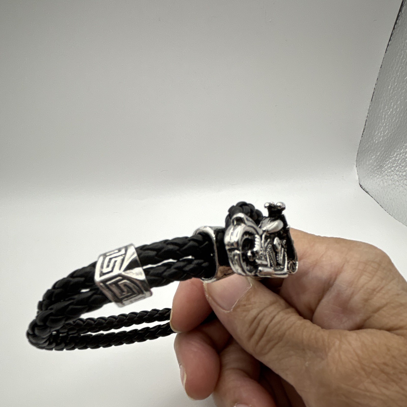 Black Braided Leather Bracelet w/ Silver Tone Motorcycle Dangle Charm, Hook