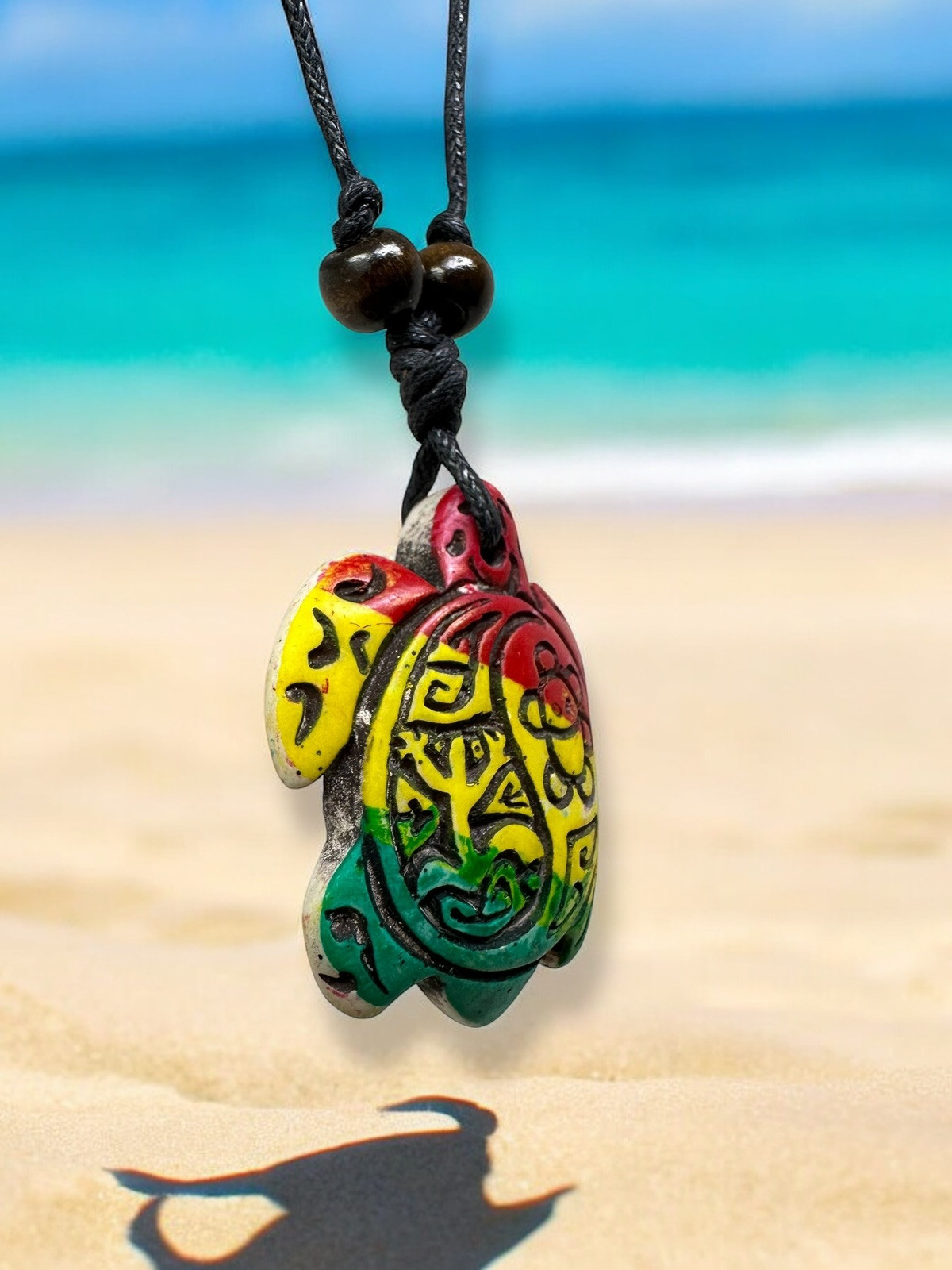 Handmade Turtle Pendant Necklace – Rasta (Hand-Painted), White, Brown – Taino