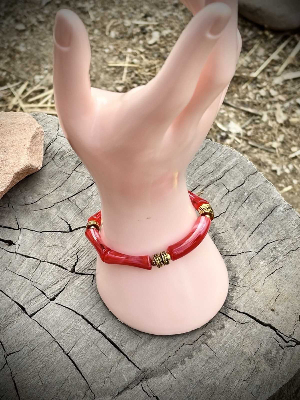 Red Acrylic Tube Bead Stretch Bracelet w/ Gold Spacer Beads, Stackable