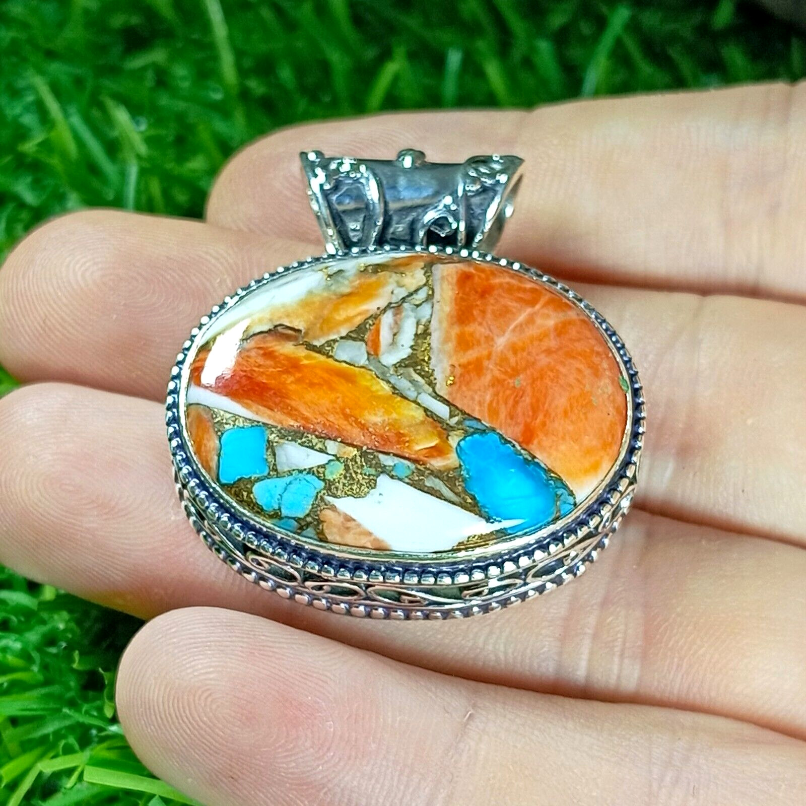 Oyster Copper Turquoise Gemstone Pendant 925 Sterling Silver Jewelry Pendant