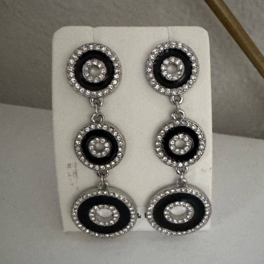 N&B Silver Tone Black & Clear Simulated Crystal Rhinestone Triple Drop Earrings