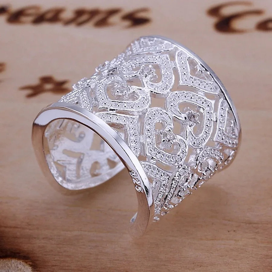 Fashion 925 Sterling Silver Jewelry Women’s Hollow Floral Ring –