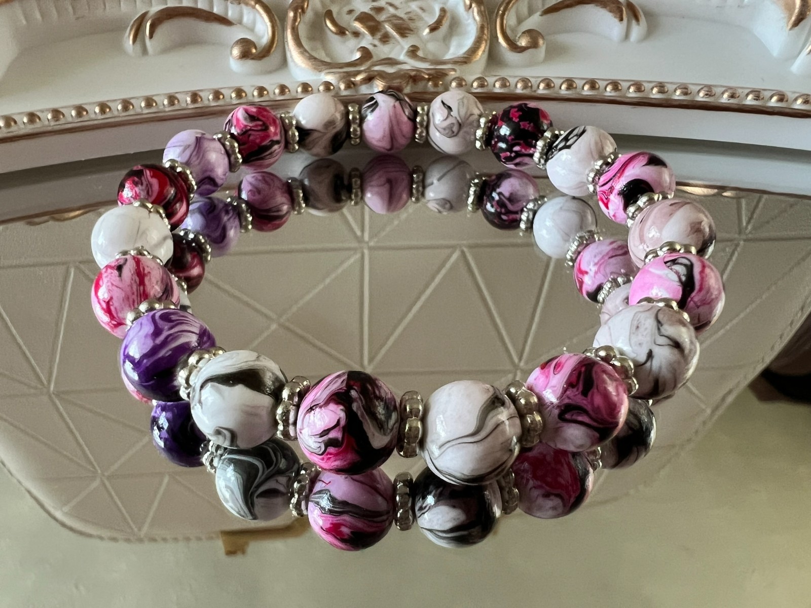 handmade elastic unique marble acrylic beads & silver accents bracelet
