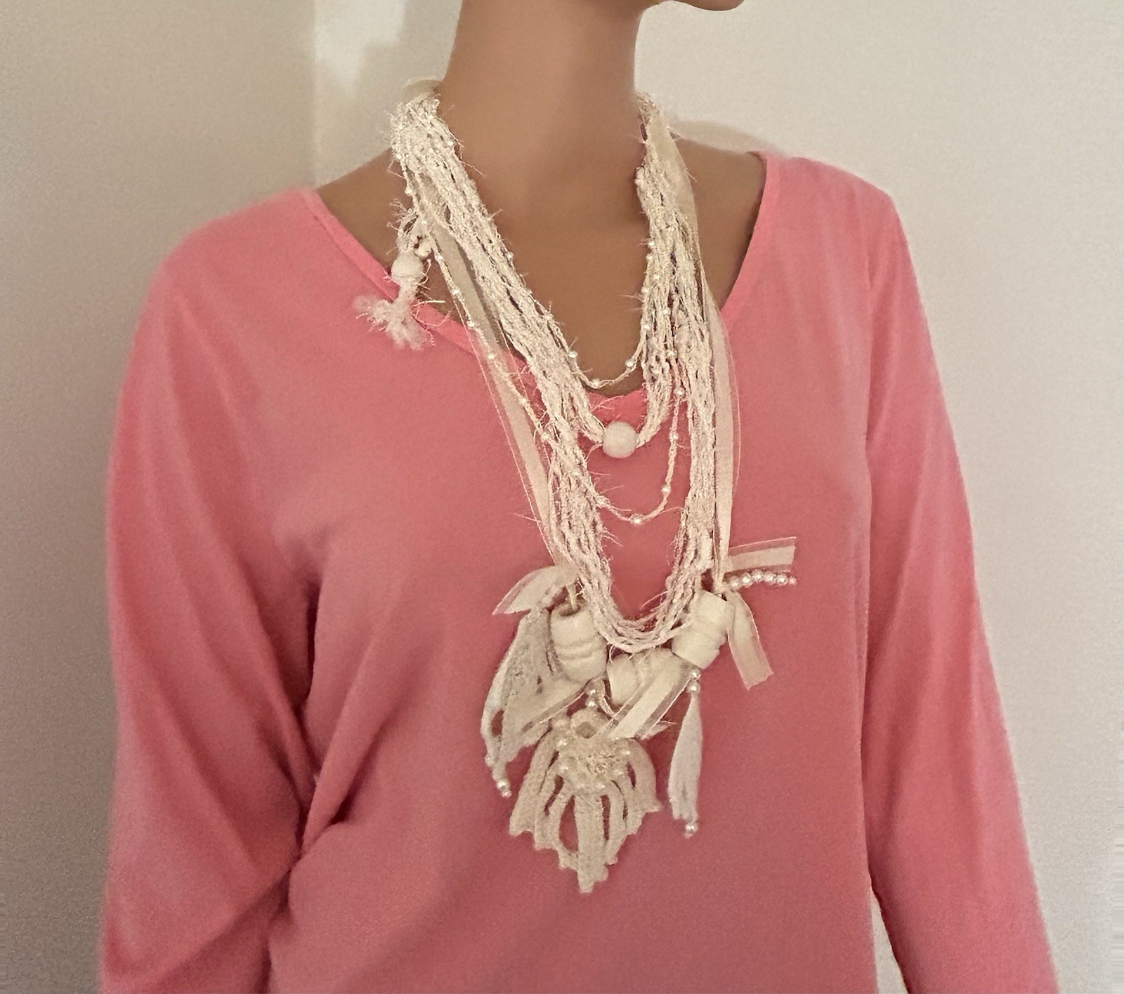 Ivory Layered Beaded Bib Charm Necklace Fabric Ribbon Bohemian Statement