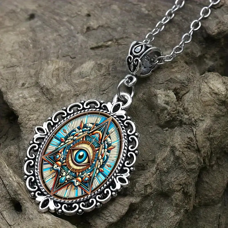Gothic Mason Jewelry Vintage Silvery Devil’s Evil Eye Oval Pendant Necklace B