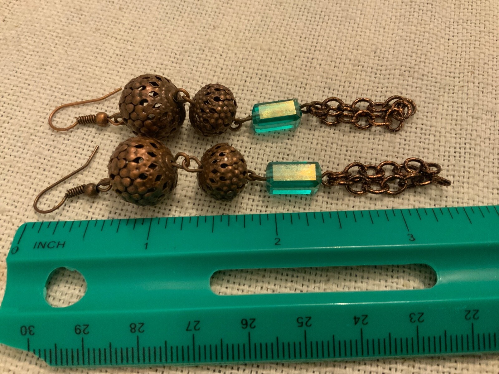 Copper filigree beaded earrings tassel green lucite Duster Opera earrings 3.5in