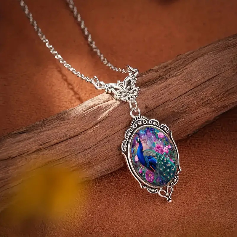 Peacock Ornate Silver Necklace Bird Jewelry Vintage Silvery Pendant