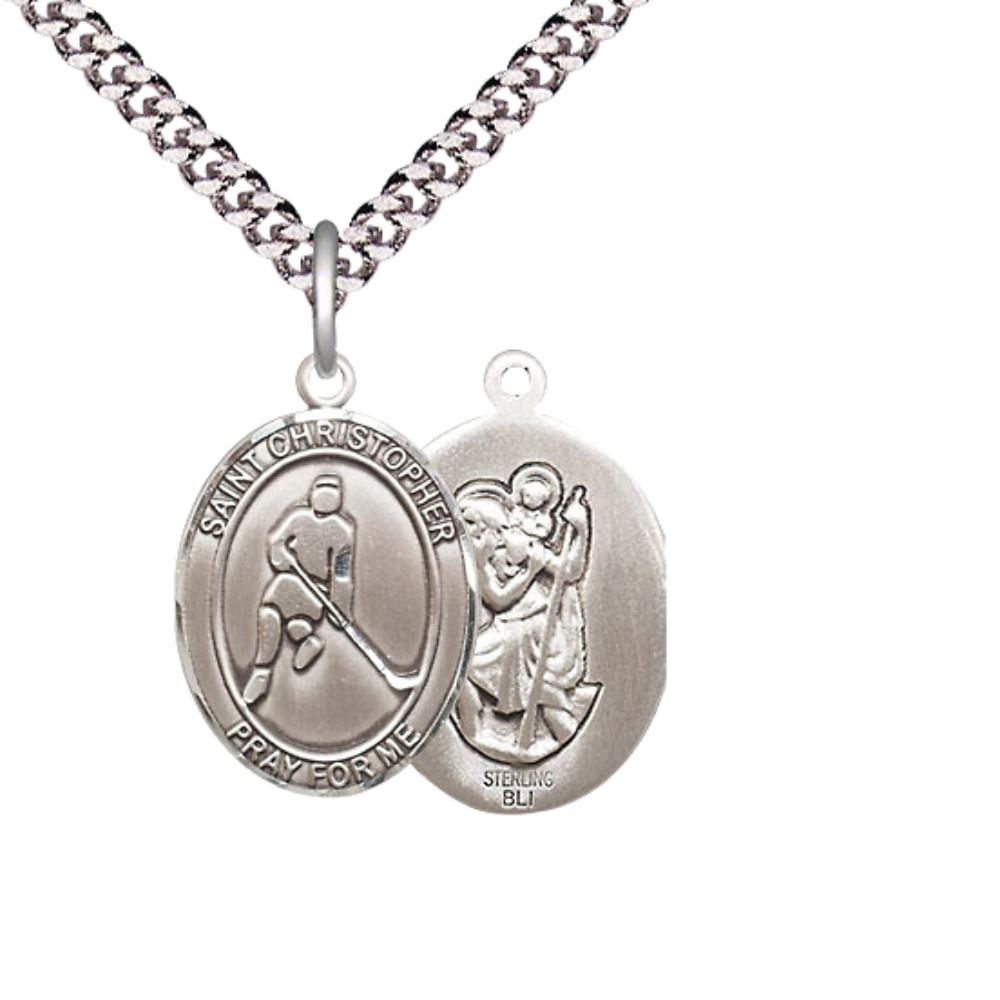 Sterling Silver Saint Christopher Ice Hockey Medal 24″ Lobster Clasp Necklace