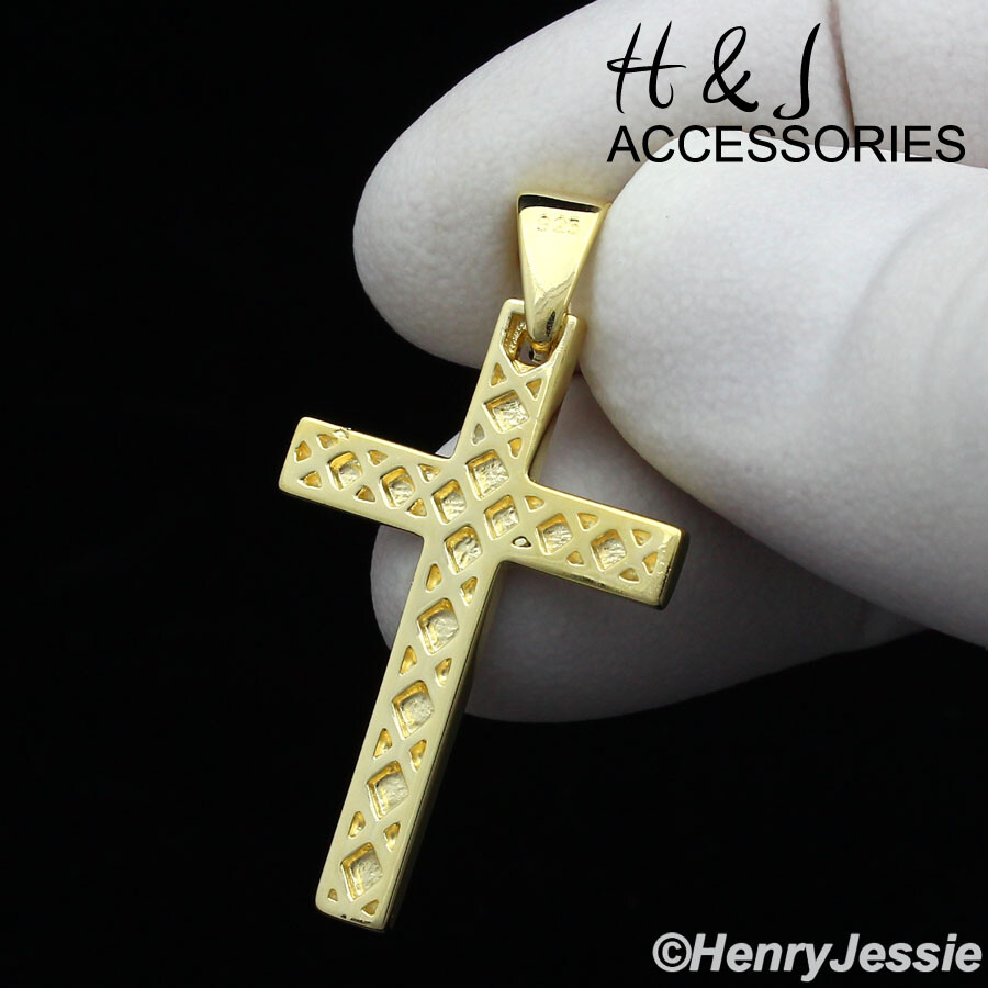 MEN WOMEN 925 STERLING SILVER SIMPLE PLAIN GOLD PLATED CROSS PENDANT*AGP188