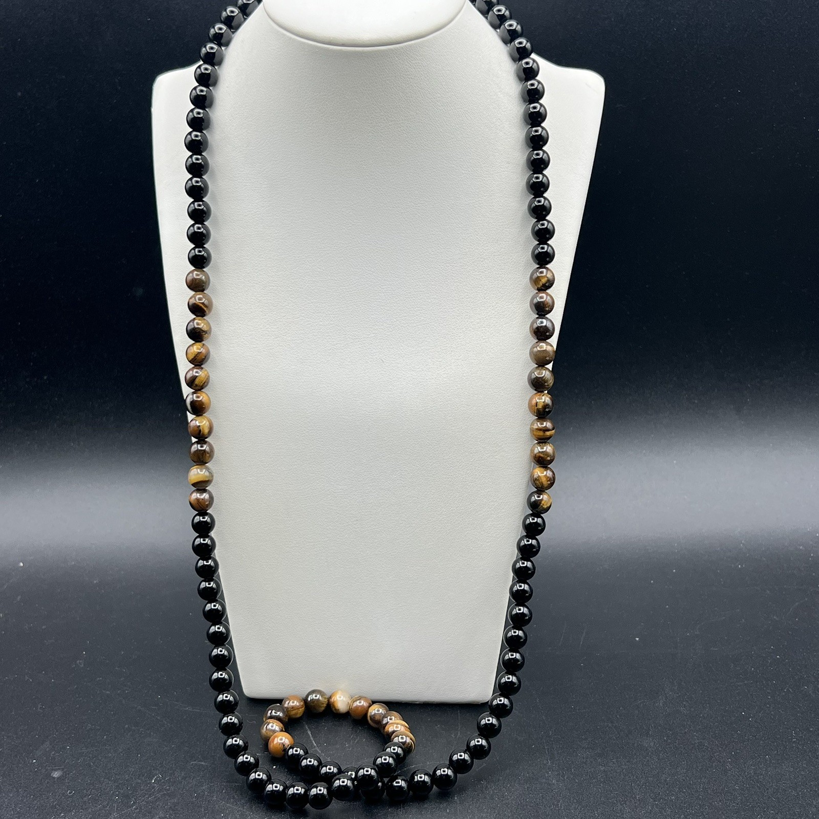 Black Glass & Brown Gemstone Beads Beaded Stretch Necklace or Crafting