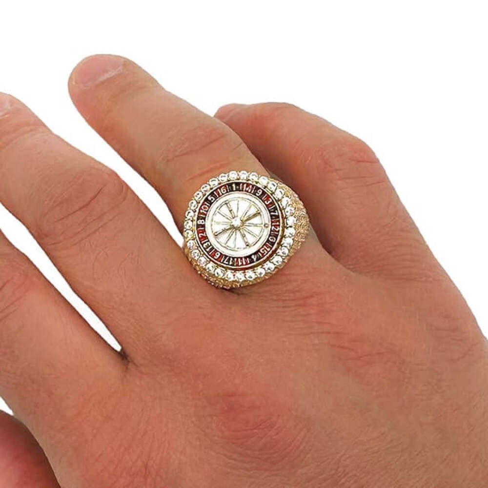 14K Real Gold Casino Rotating Roulette Wheel Enamel Signet Ring with CZ