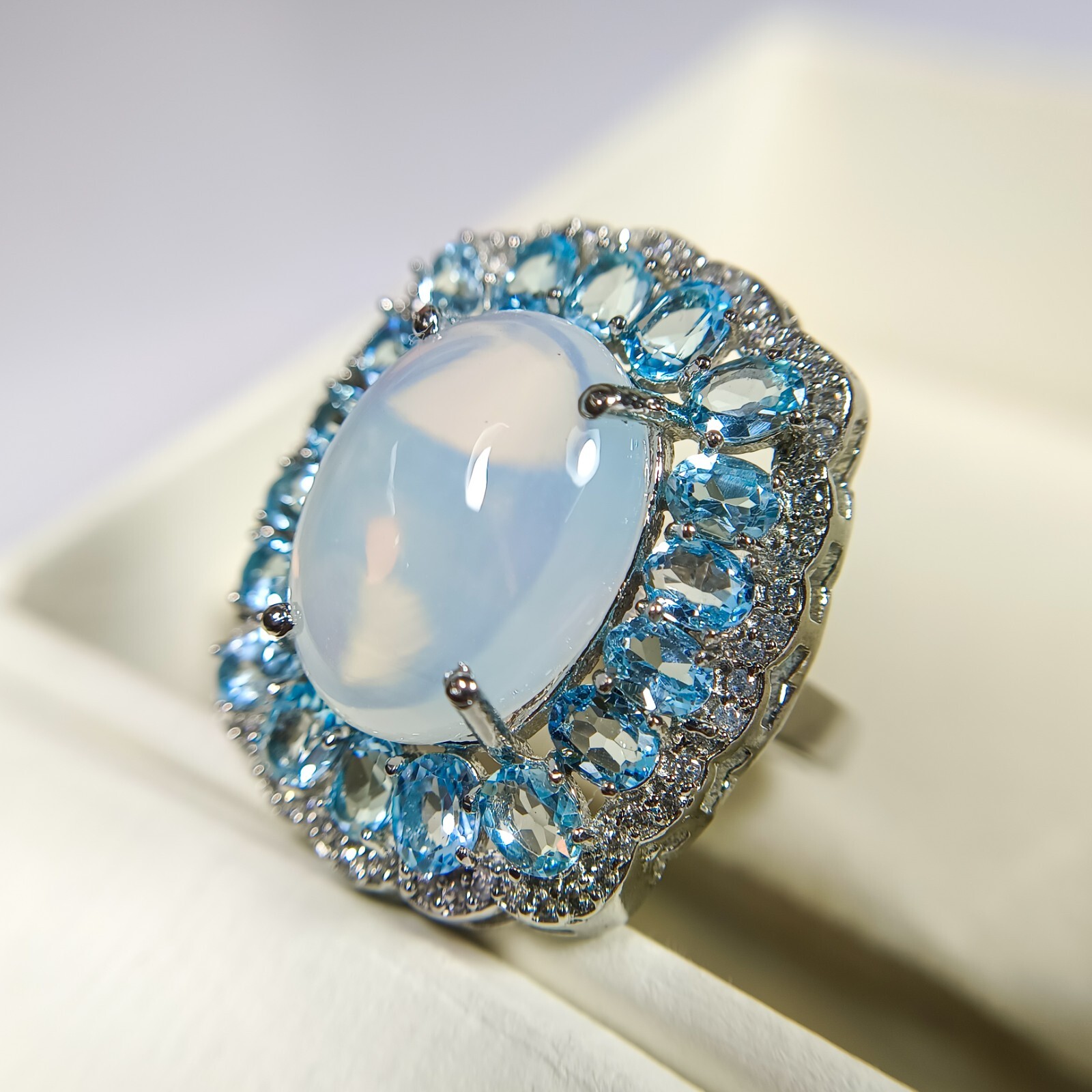 Natural Opalite Ring 925 Sterling Silver With Blue Topaz All Size Available