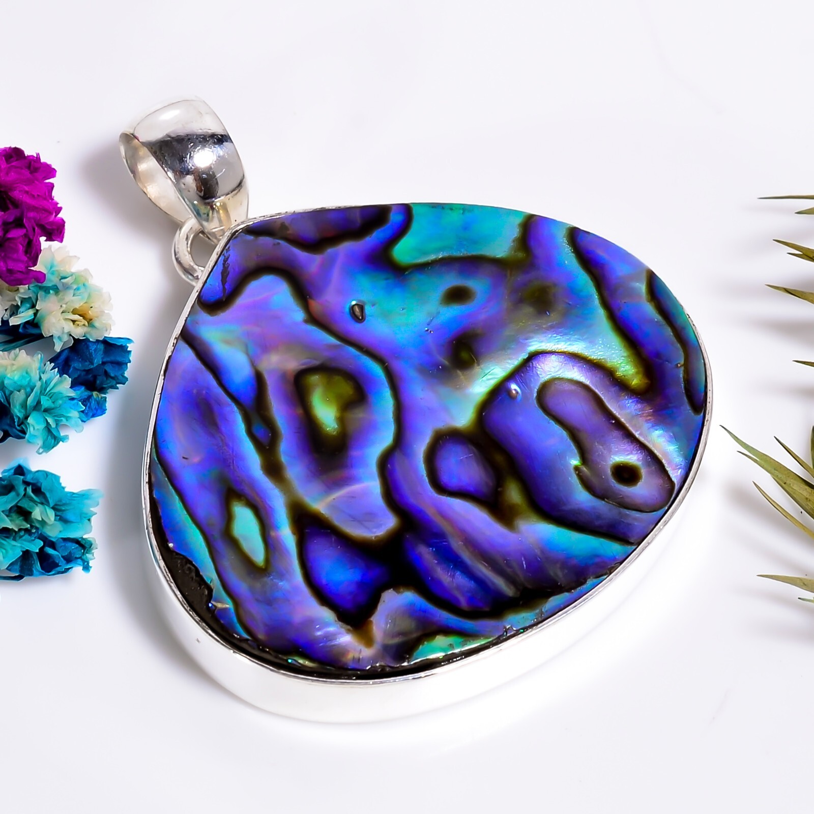 Abalone Shell Gemstone Ethnic Handmade Jewelry.925 Silver Pendant