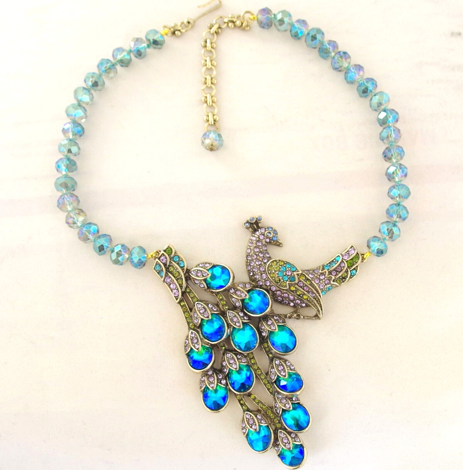 NWOT DESIGNER STYLE PEACOCK RHINESTONE PEACOCK BIRD AB CRYSTAL BEAD NECKLACE