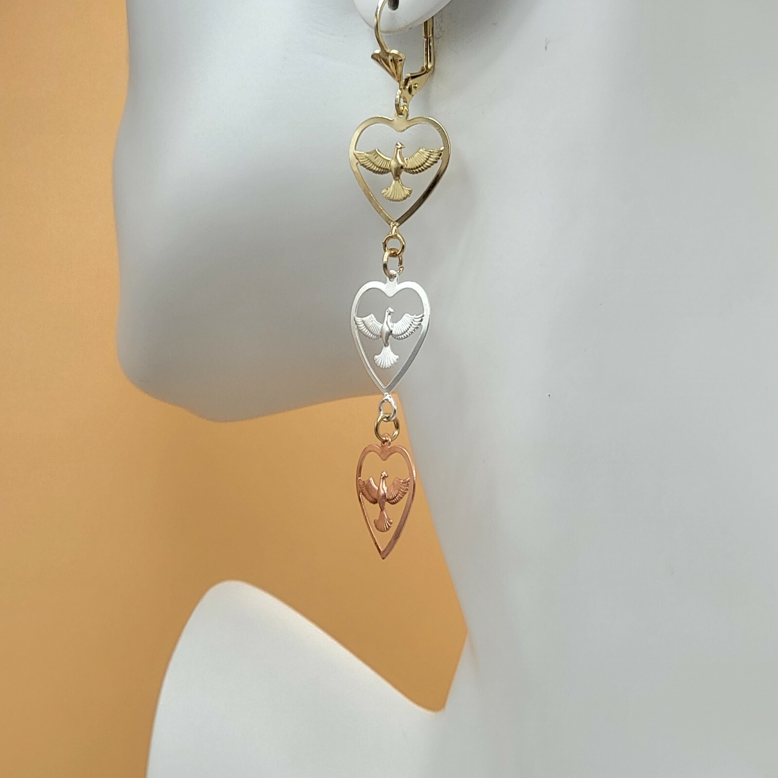 Tri Color Gold Plated Holy Spirit Symbol. Dove. Long Earrings. Lightweight.
