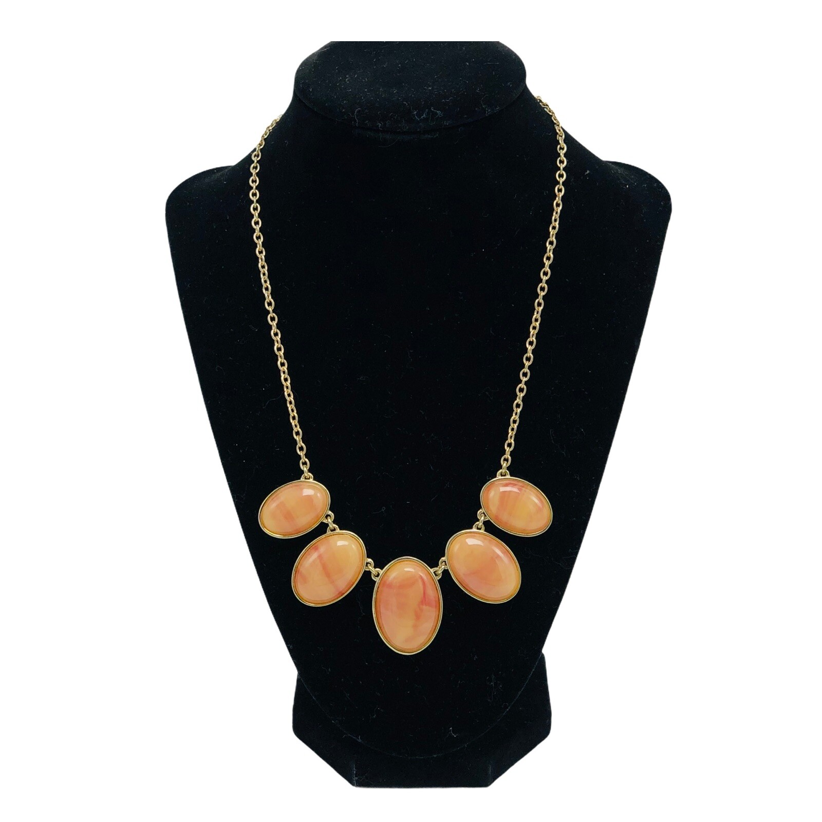 Liz Claiborne Statement Necklace Peachy Orange Gold Tone Lobster Claw 19” Ovals