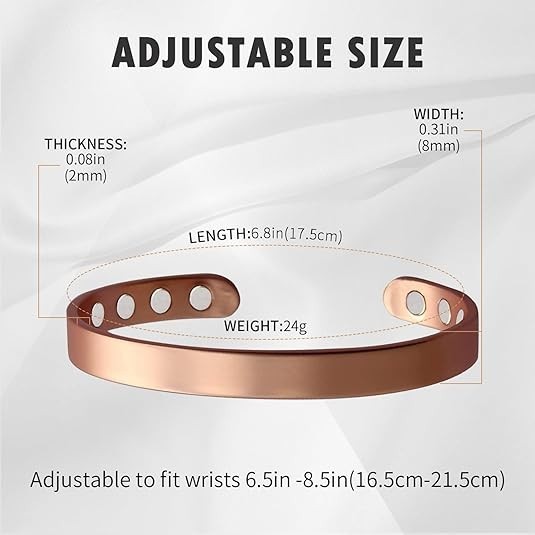 Brazalete cobre puro 99.9 hombre mujer 8 imanes 3500 Gauss ajustable joya