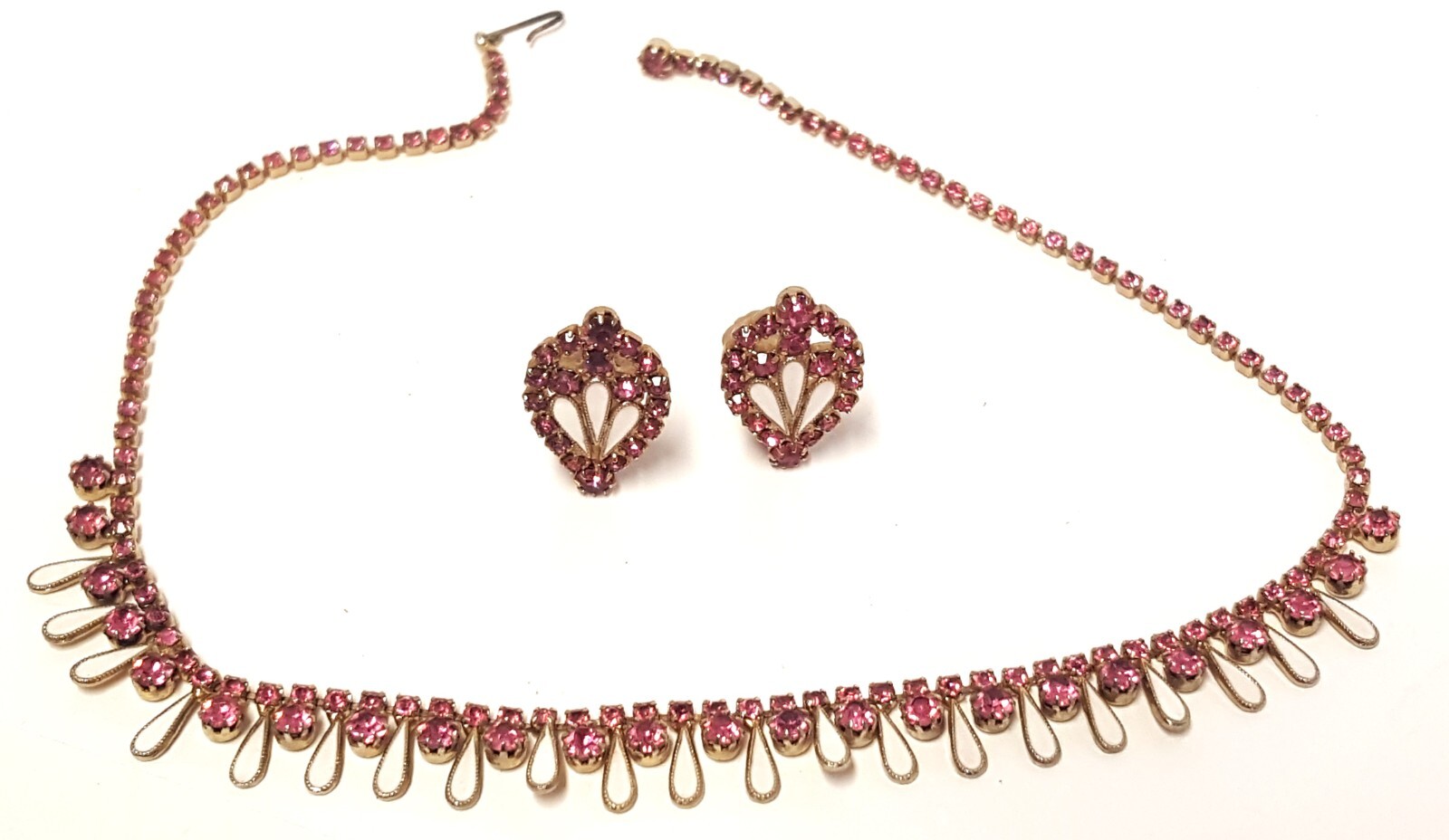 WEISS Pink Rhinestone White Enamel Necklace 15″ Clip Earrings 1″ Set Vtg TLC