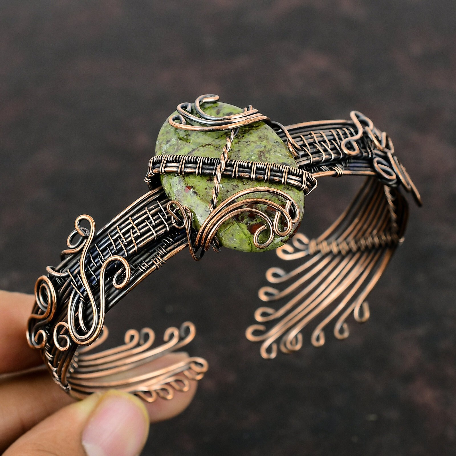 Dragon Bloodstone Wire Wrapped Adjustable Cuff Handcrafted Copper Designer